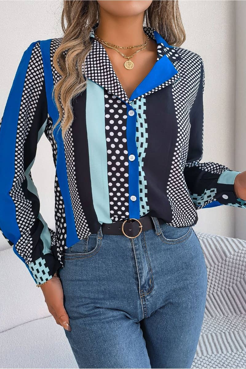 CWTSTL2129_AUTUMN POLKA DOT STRIPED LONG-SLEEVED SHIRT TOP