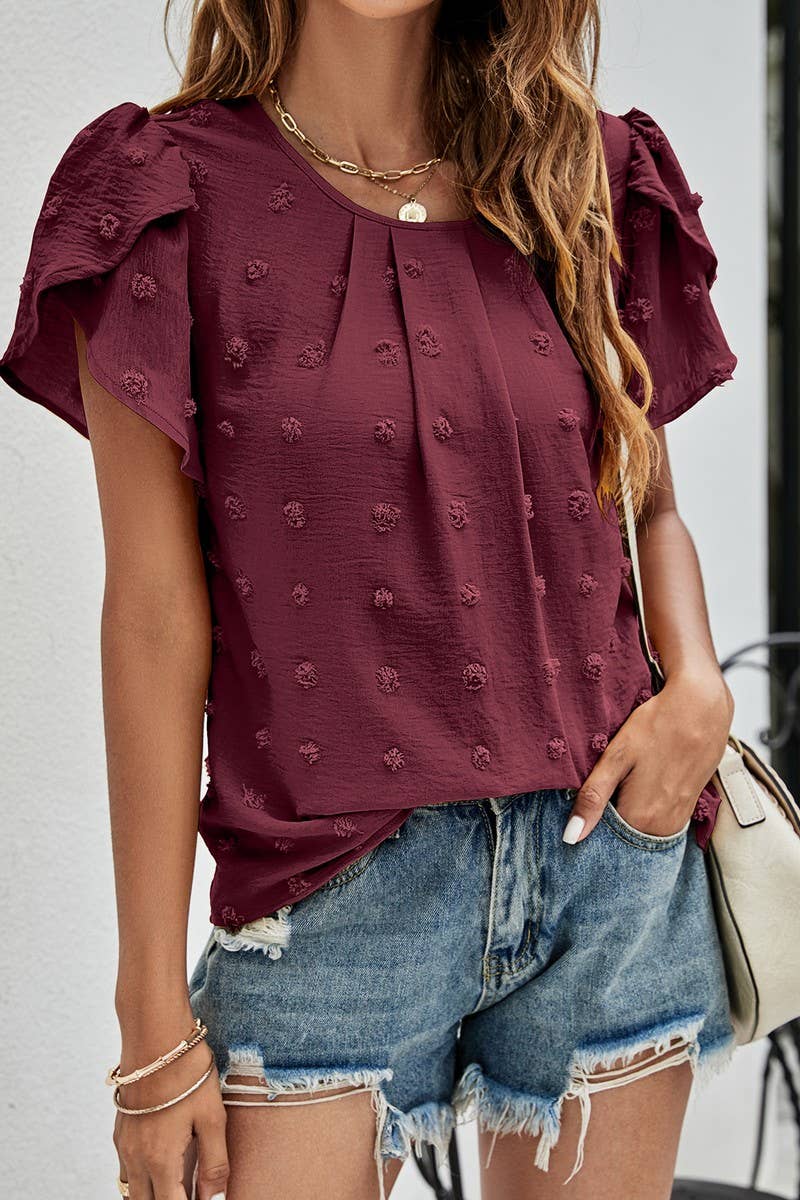 CWTBLS0342_Round neck Short Puff Sleeve Blouse