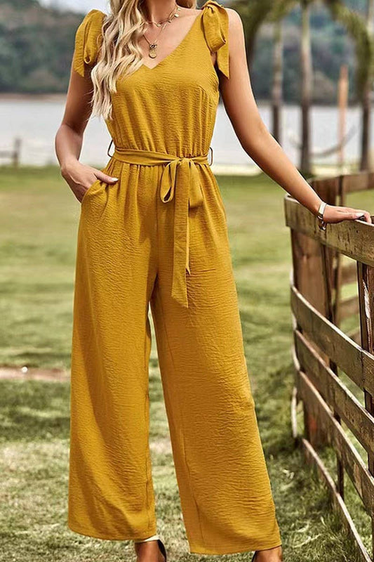 CWSJS1587_SOLID COLOR SLEEVELESS TIE WAIST JUMPSUIT