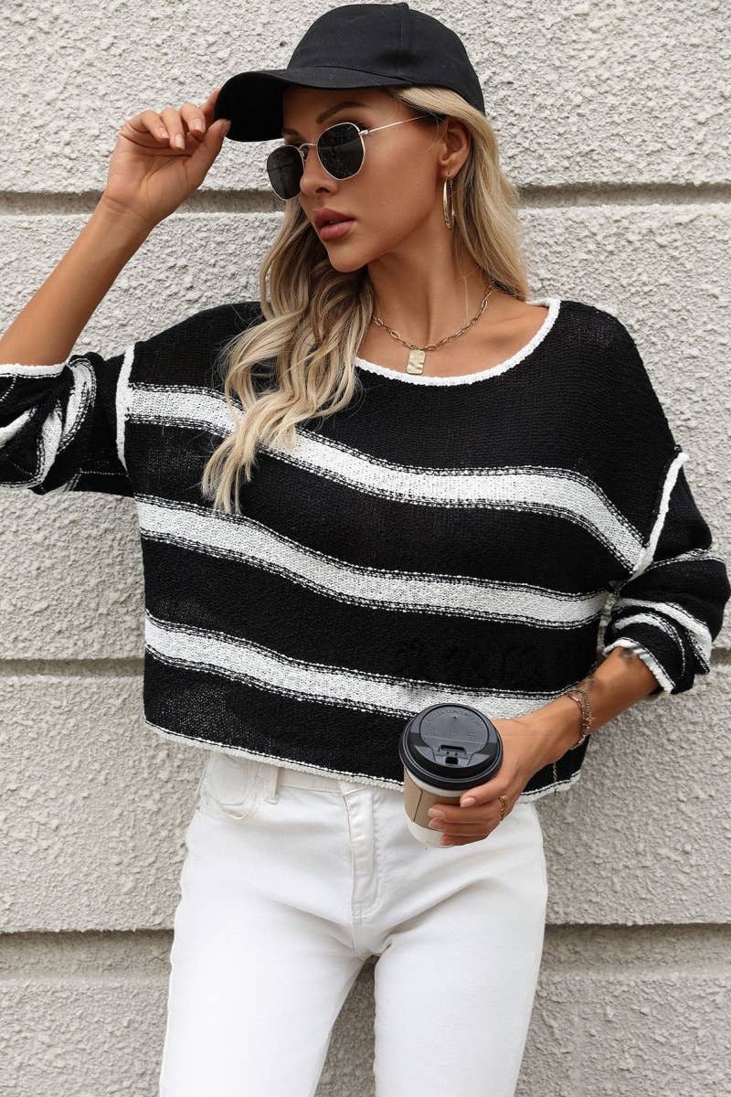 CWOSWL6491_WINTER CREW-NECK STRIPED LONG-SLEEVED SWEATER