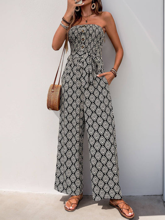 Boho ruched strapless jumpsuit with ethnic print