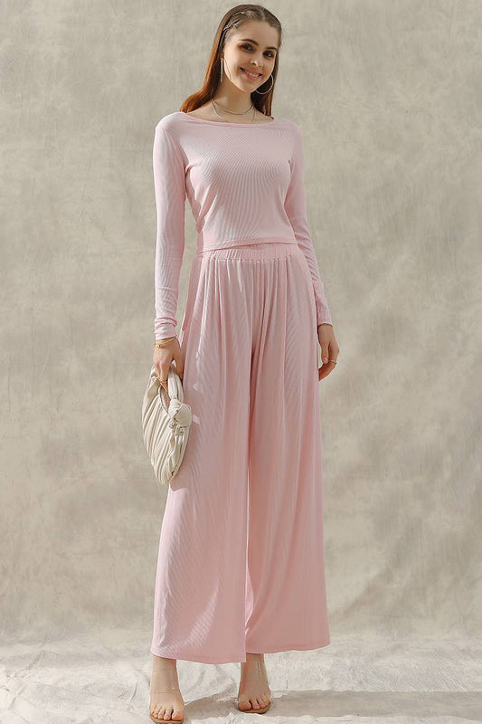 CWSTB279_MODAL LONG SLEEVE T SHIRT TOP AND WIDE PANTS SET