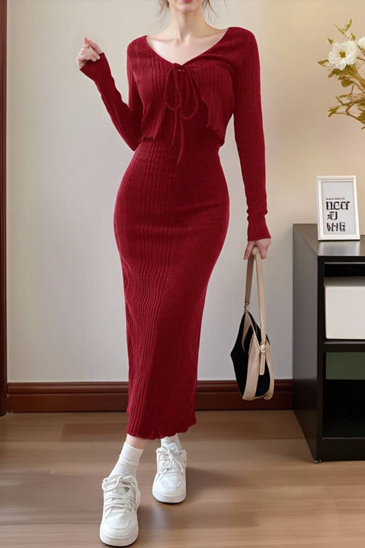 CWDMD00972_FRENCH STYLE KNITTED DRESS SLIM TWO-PIECE SUIT