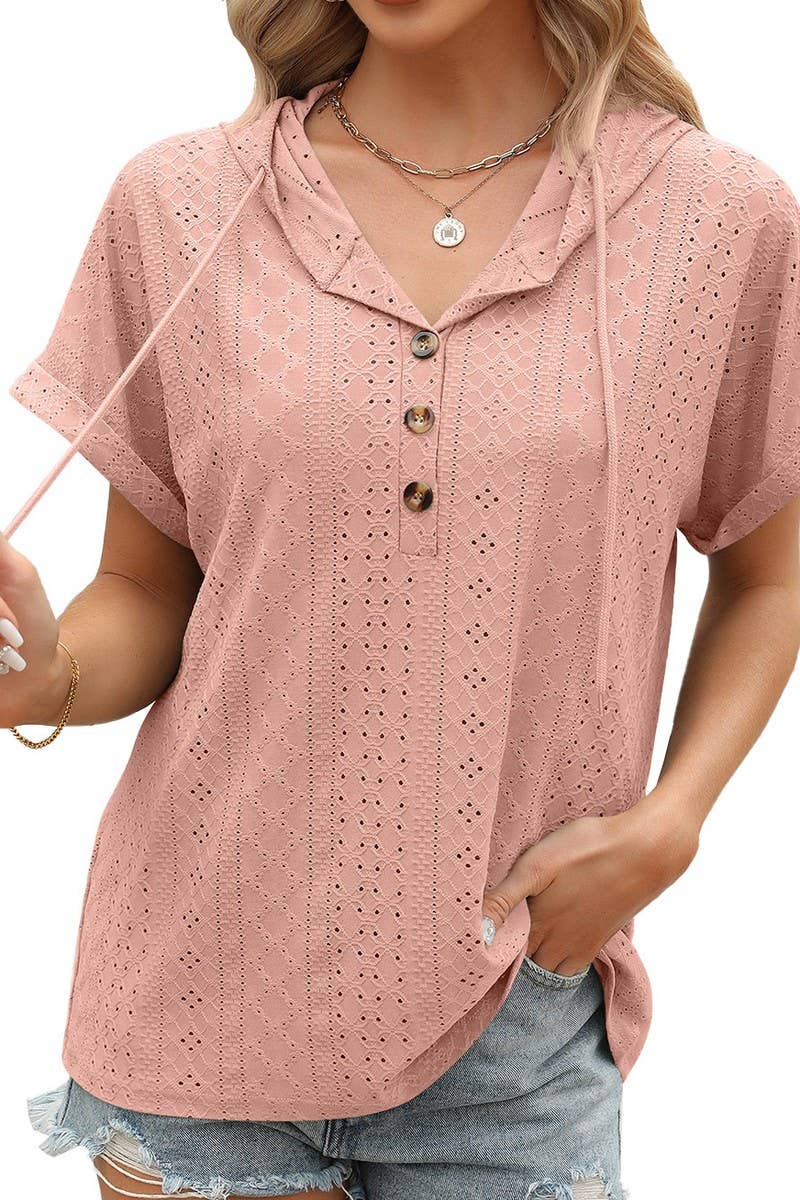 CWTTS1086_SOLID COLOR BUTTONED HOODED DRAWSTRING T-SHIRT