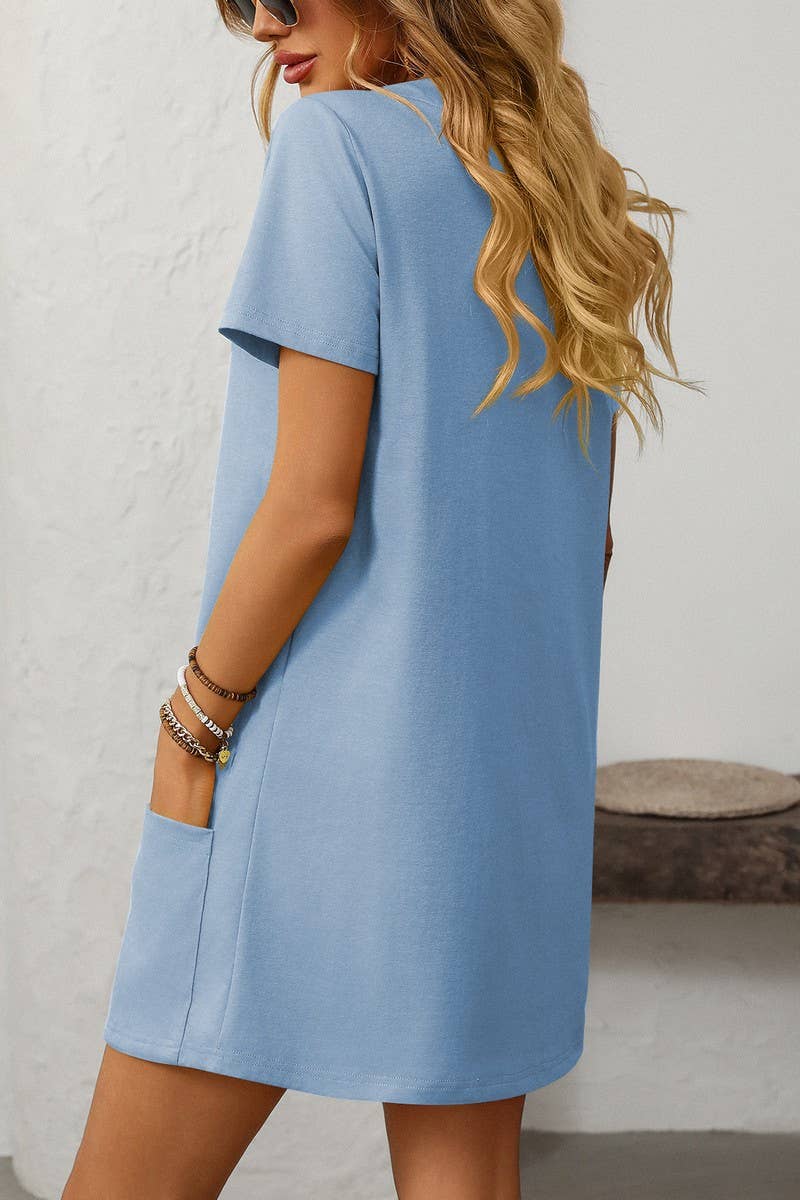 CWDSD7257_SOLID COLOR SQUARE NECK POCKET SHORT SLEEVE DRESS