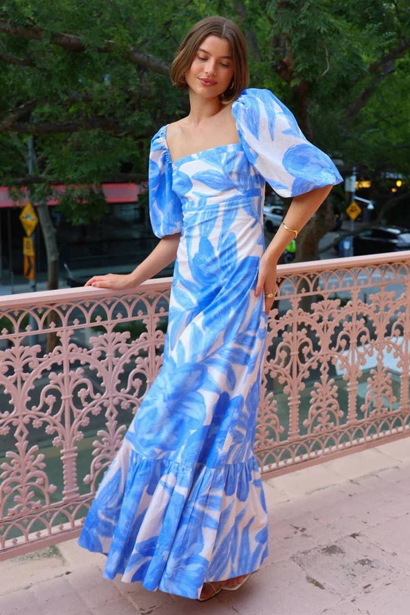 CWDMD6097_OFF SHOULDER PRINT LANTERN SLEEVE PATCHWORK DRESS