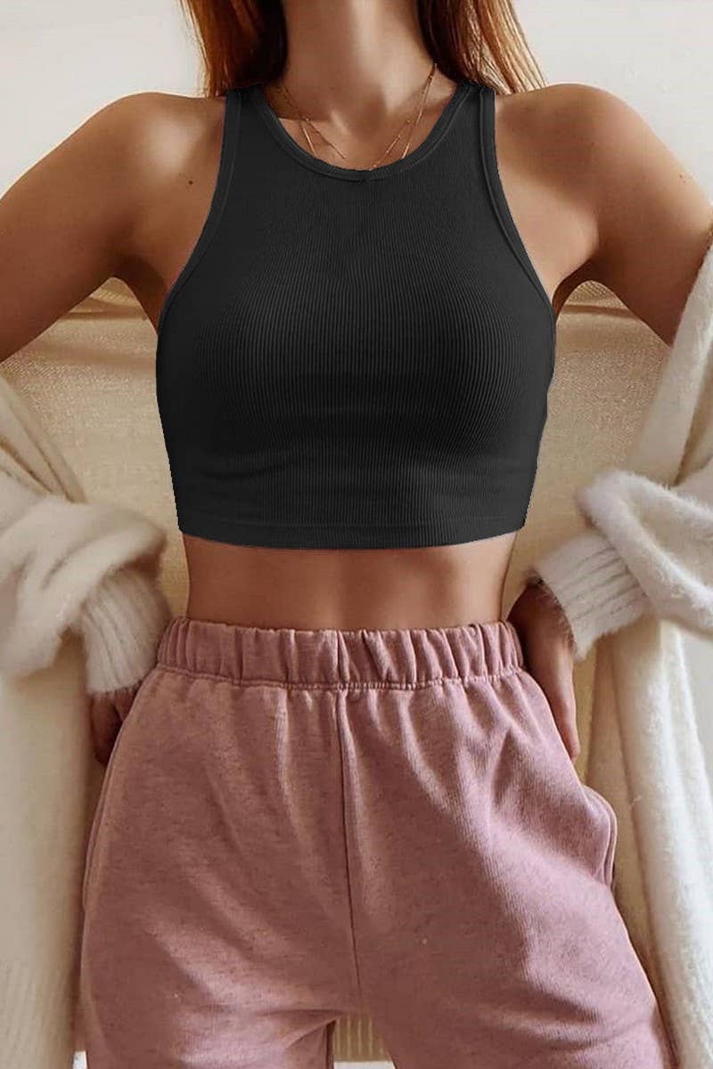 CWTTK0840_SLIM FIT NAVEL-EXPOSED COTTON RIBBED CAMISOLE TOP