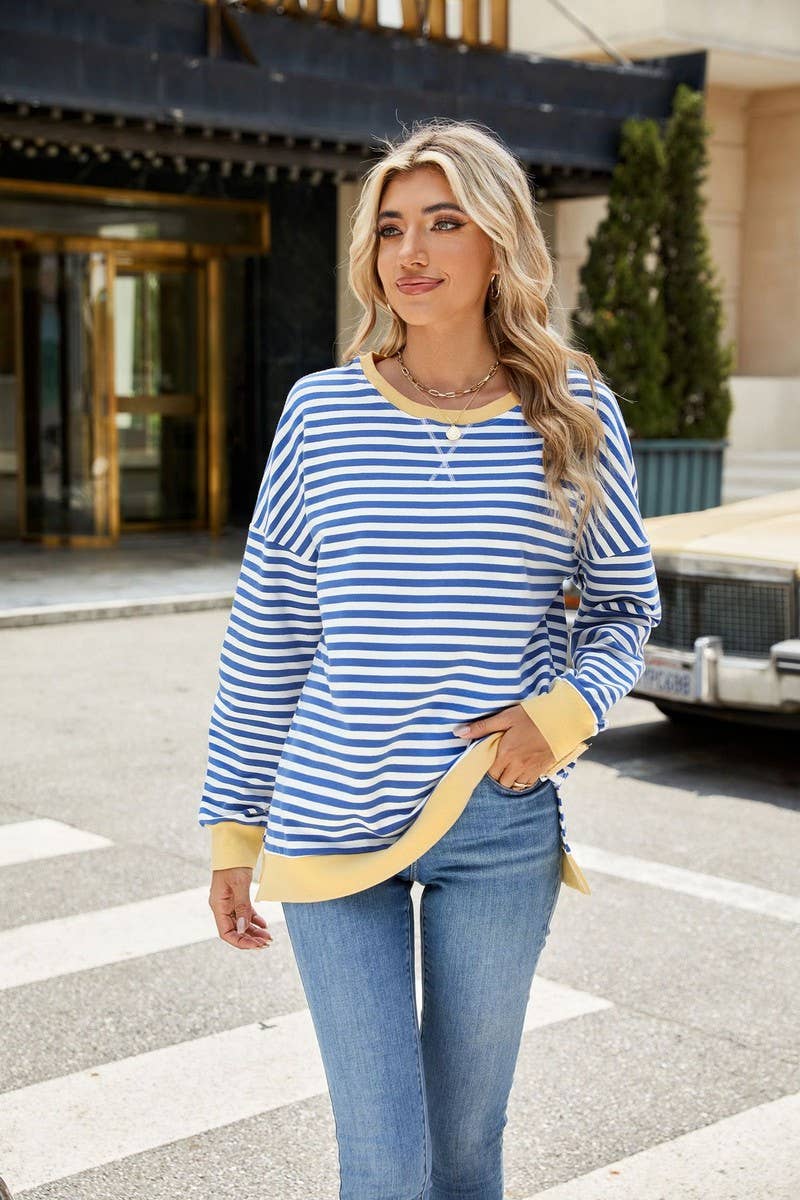 CWTBLL1198_CONTRAST COLOR ROUND NECK STRIPED SWEATSHIRT