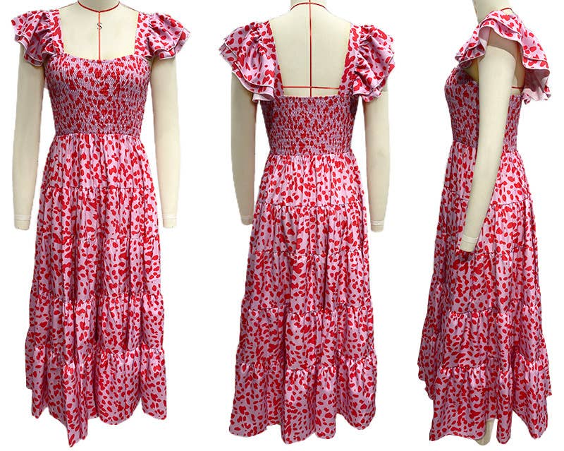 CASUAL SQUARE COLLAR PRINT PLEATED DRESS