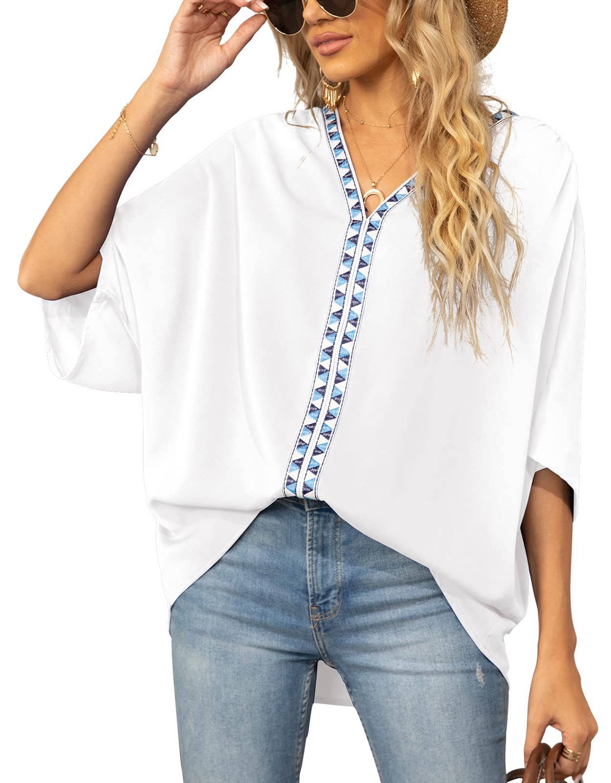 BAT-SLEEVED CHIFFON V-NECK SHORT-SLEEVED SHIRT