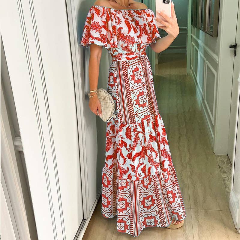 BOHO PRINT DRESS WITH A LINE NECK AND HIGH WAIST