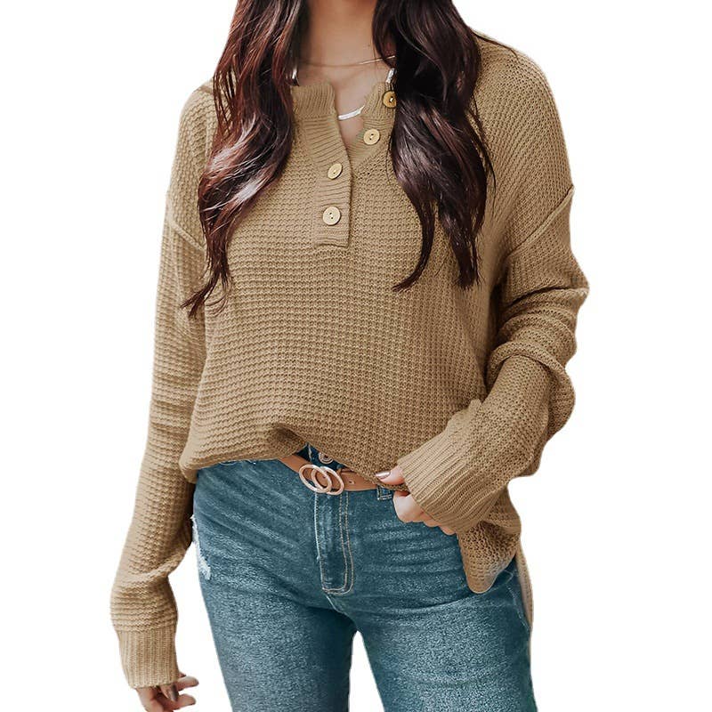 BUTTON-DOWN V-NECK LONG-SLEEVED PULLOVER SWEATER