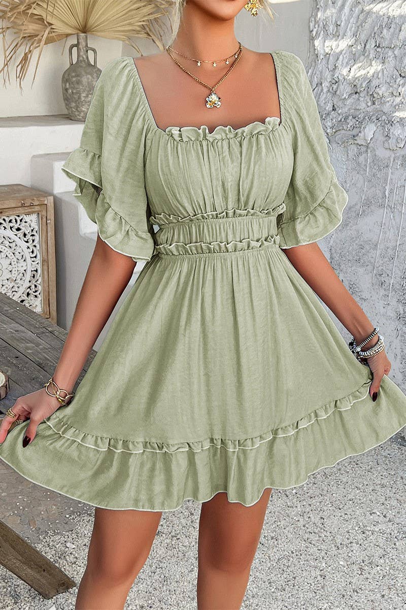 CWDSD7875_SUMMER SOLID COLOR RUFFLED SHORT-SLEEVED DRESS