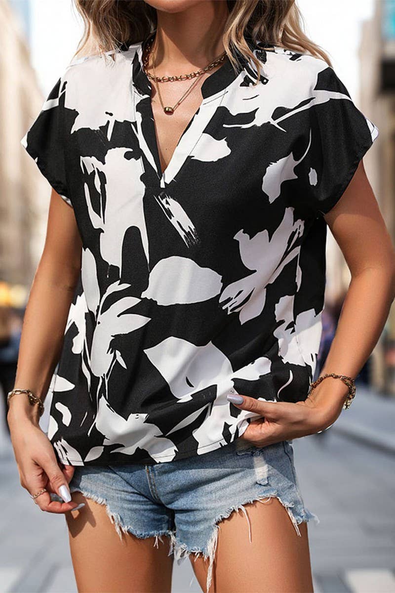 CWTBLS0683_DEEP V-NECK SHORT SLEEVE PRINT LOOSE BLOUSE