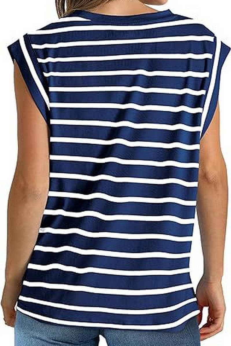 CWTTS1089_V-NECK STRIPED RAGLAN SLEEVE CASUAL T-SHIRT