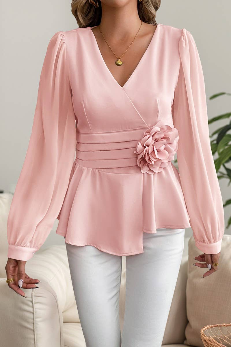 CWTBLL4075_WAIST CINCH V-NECK 3D FLORAL SHIRT BLOUSE