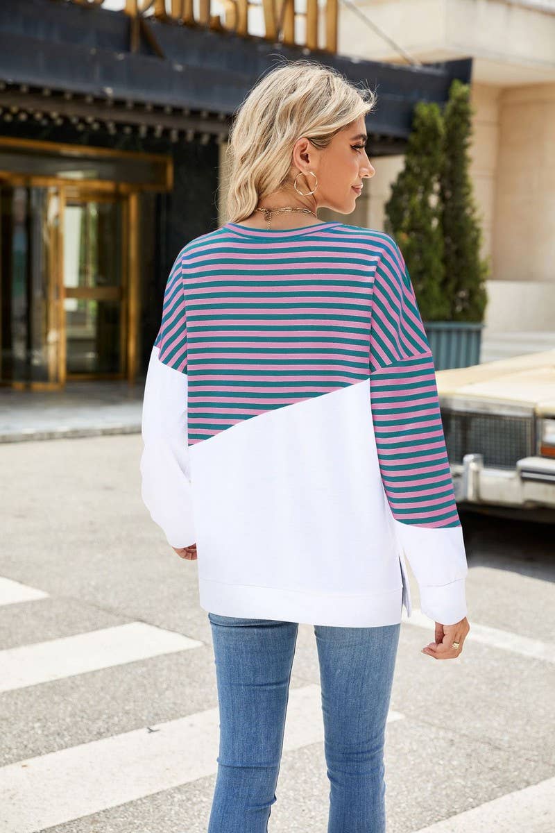 CWTBLL2368_ROUND NECK SLIT CONTRAST STRIPE SWEATSHIRT