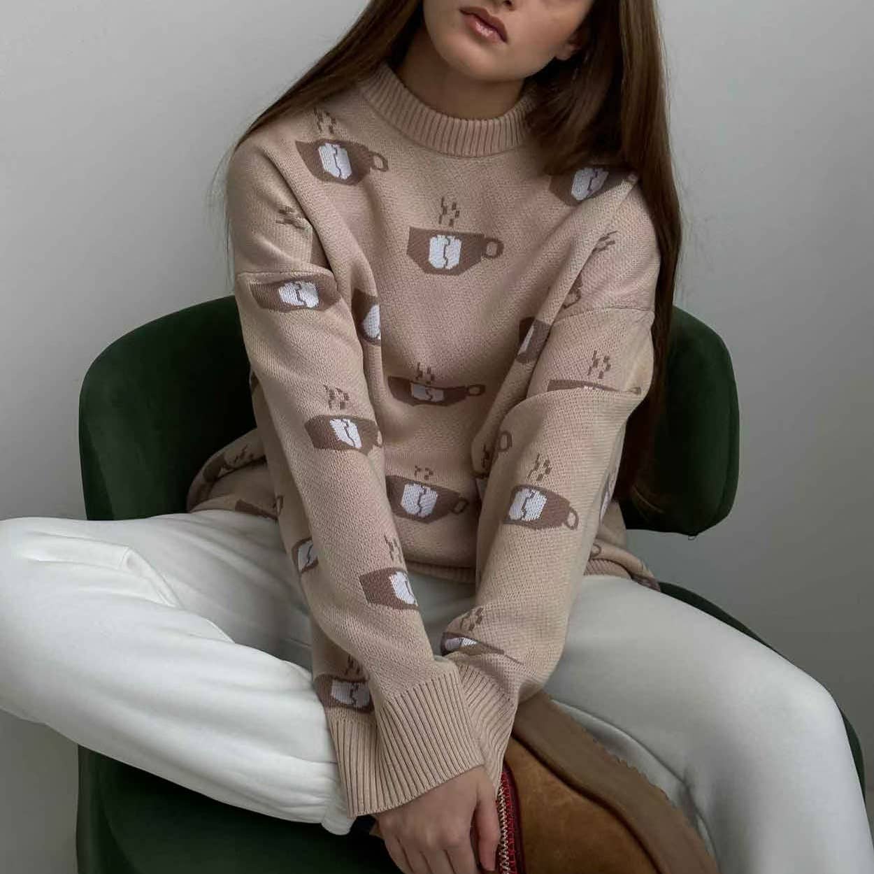 Coffee jacquard semi-turtleneck sweater