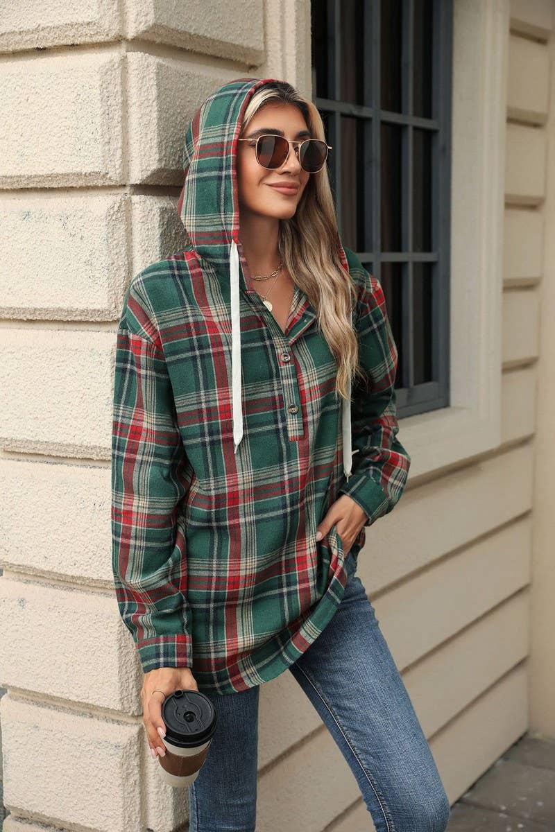 CWOHOL1113_AUTUMN AND WINTER PLAID LOOSE HOODED SWEATSHIRT