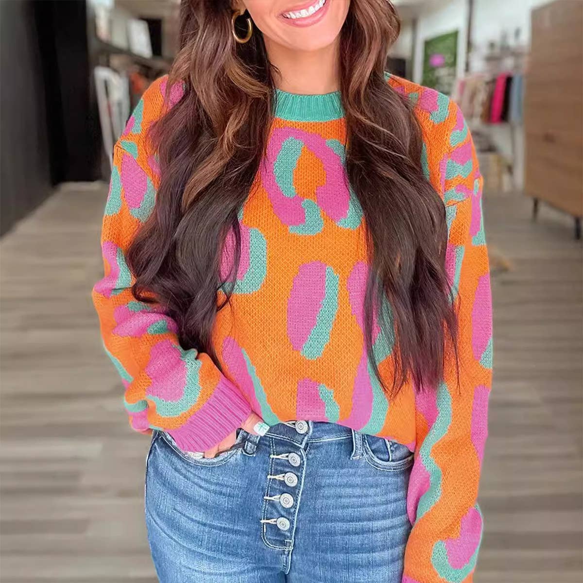 CREW-NECK KNIT LEOPARD PRINT JACQUARD SWEATER