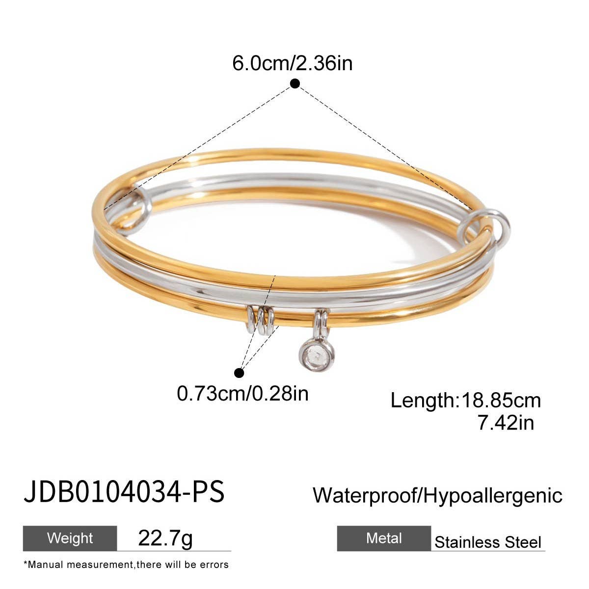 Classic 18K Gold Silver Zircon Bangle, Size 60