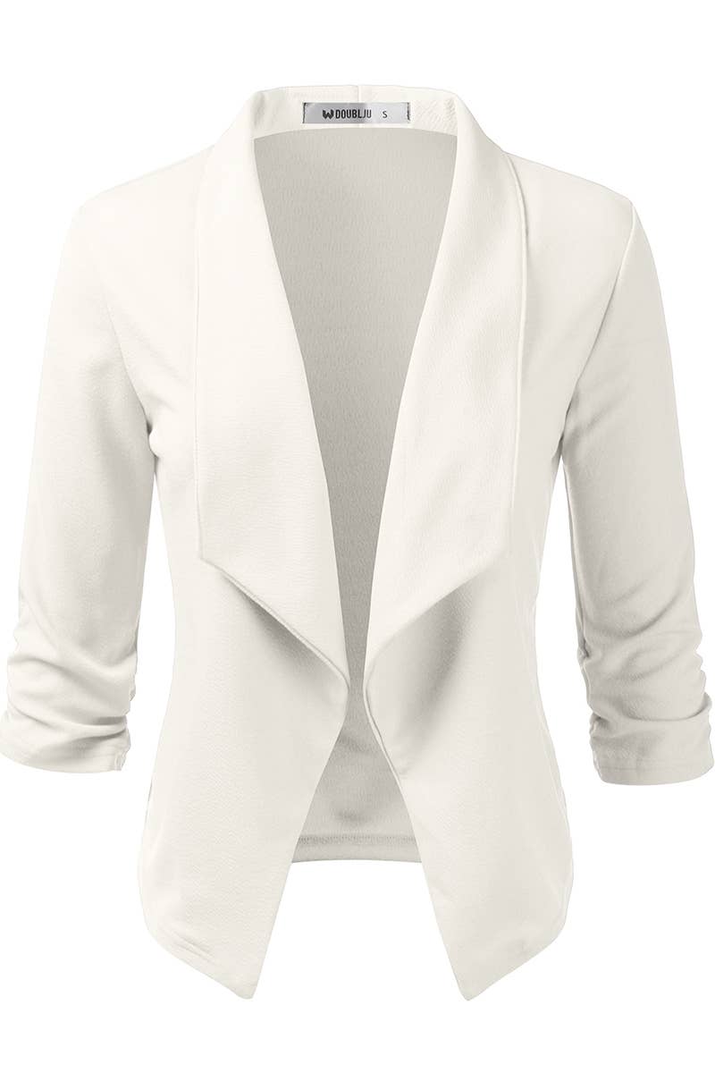 CWOBL091_Casual Work Ruched 3/4 Slv Open Front Blazer Jacket