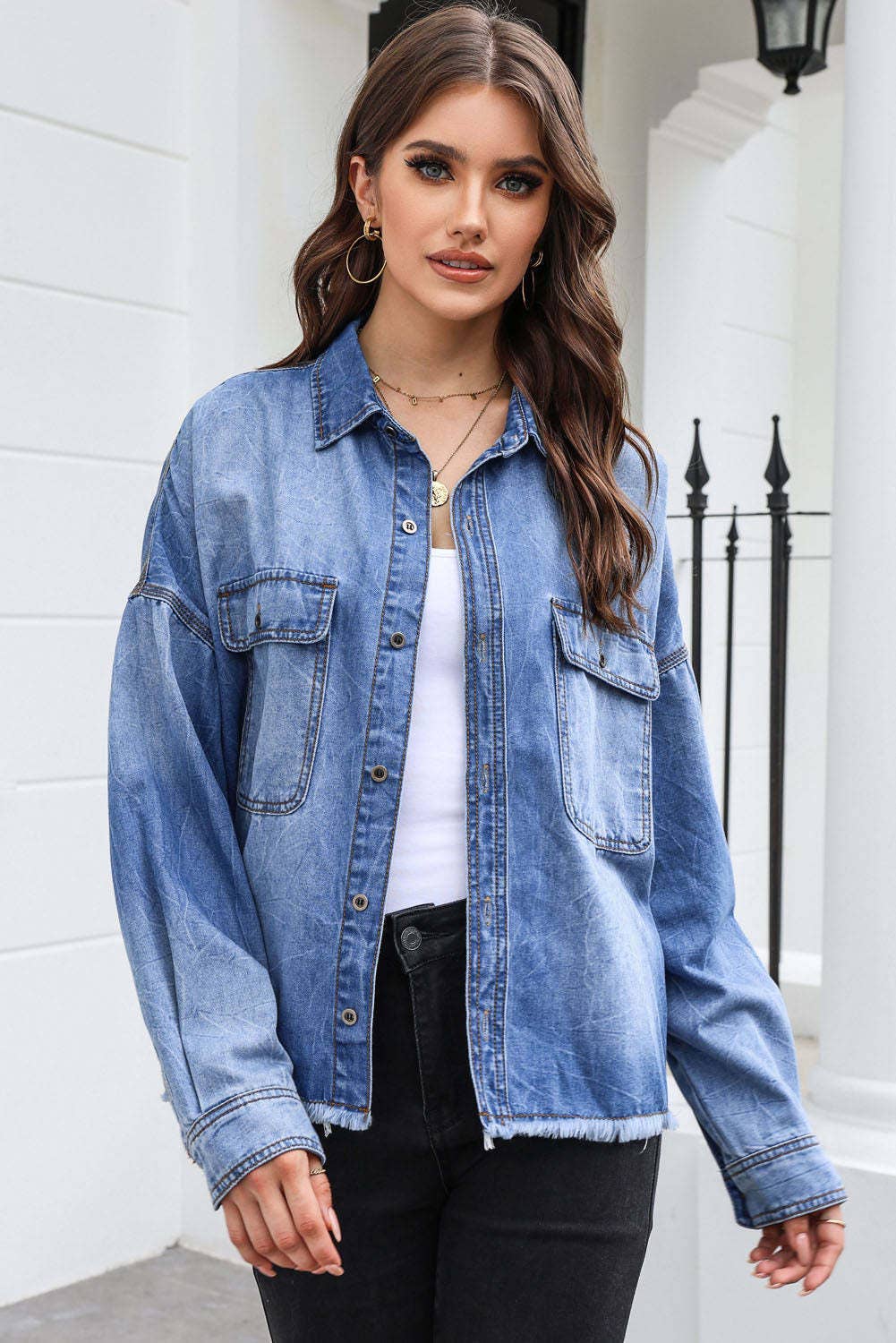 DROP SHOULDER VINTAGE DENIM SHIRT WITH OLD LAPELS