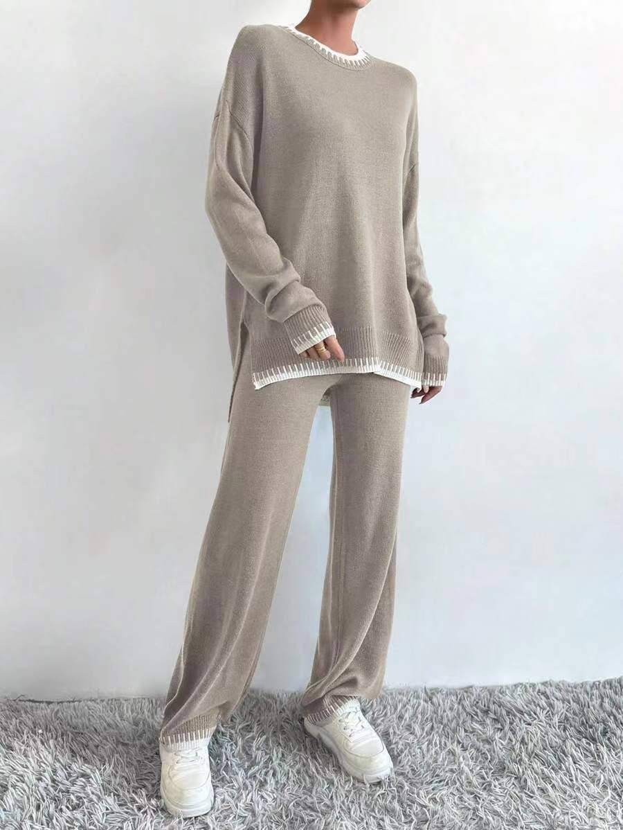 Contrast color sweater trousers two - piece set