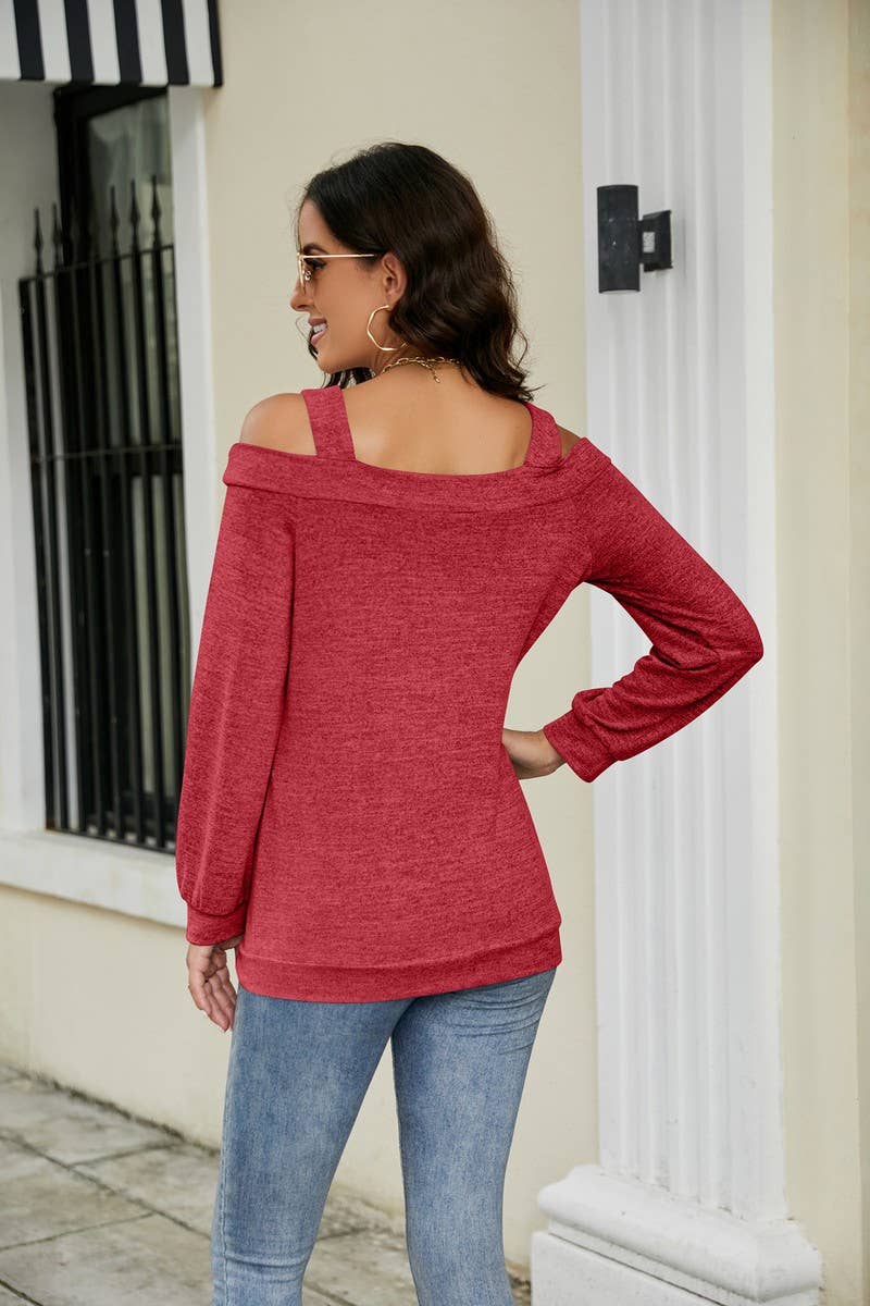 CWTBLL2373_OFF-SHOULDER HOLLOW SOLID COLOR LONG-SLEEVED TOP