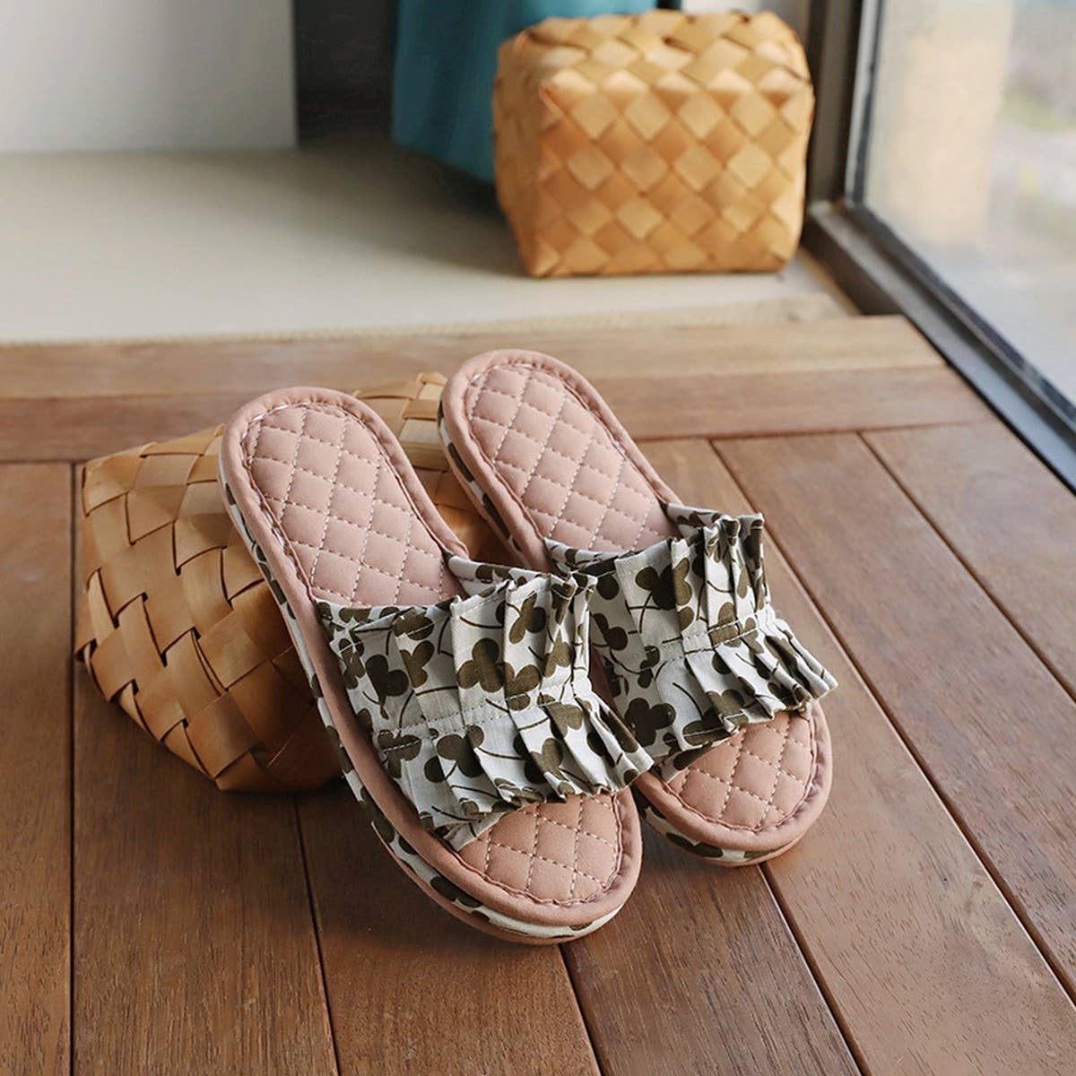 Floral Cotton Floor Slippers with Thick Sole