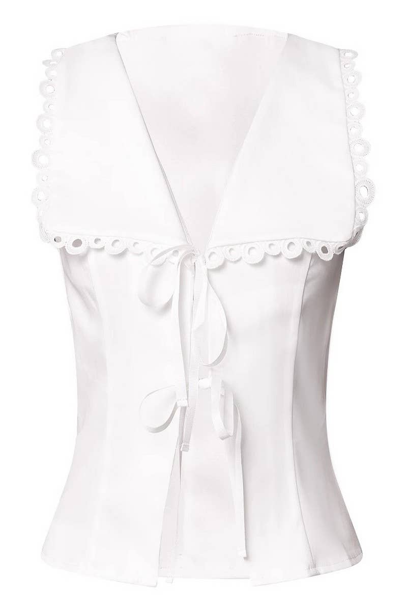 CWTBLSL1001_LACE TRIM TIE FRONT SLEEVELESS SHIRT TOP