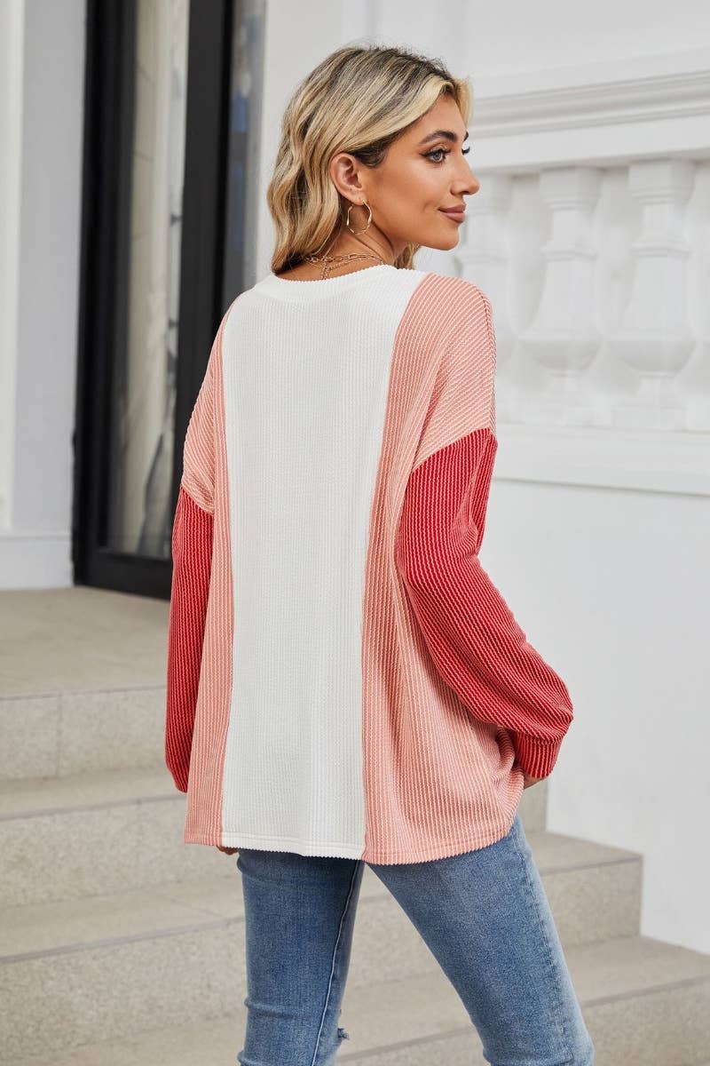 CWTBLL2872_CREW-NECK PATCHWORK LOOSE LONG-SLEEVED TOP