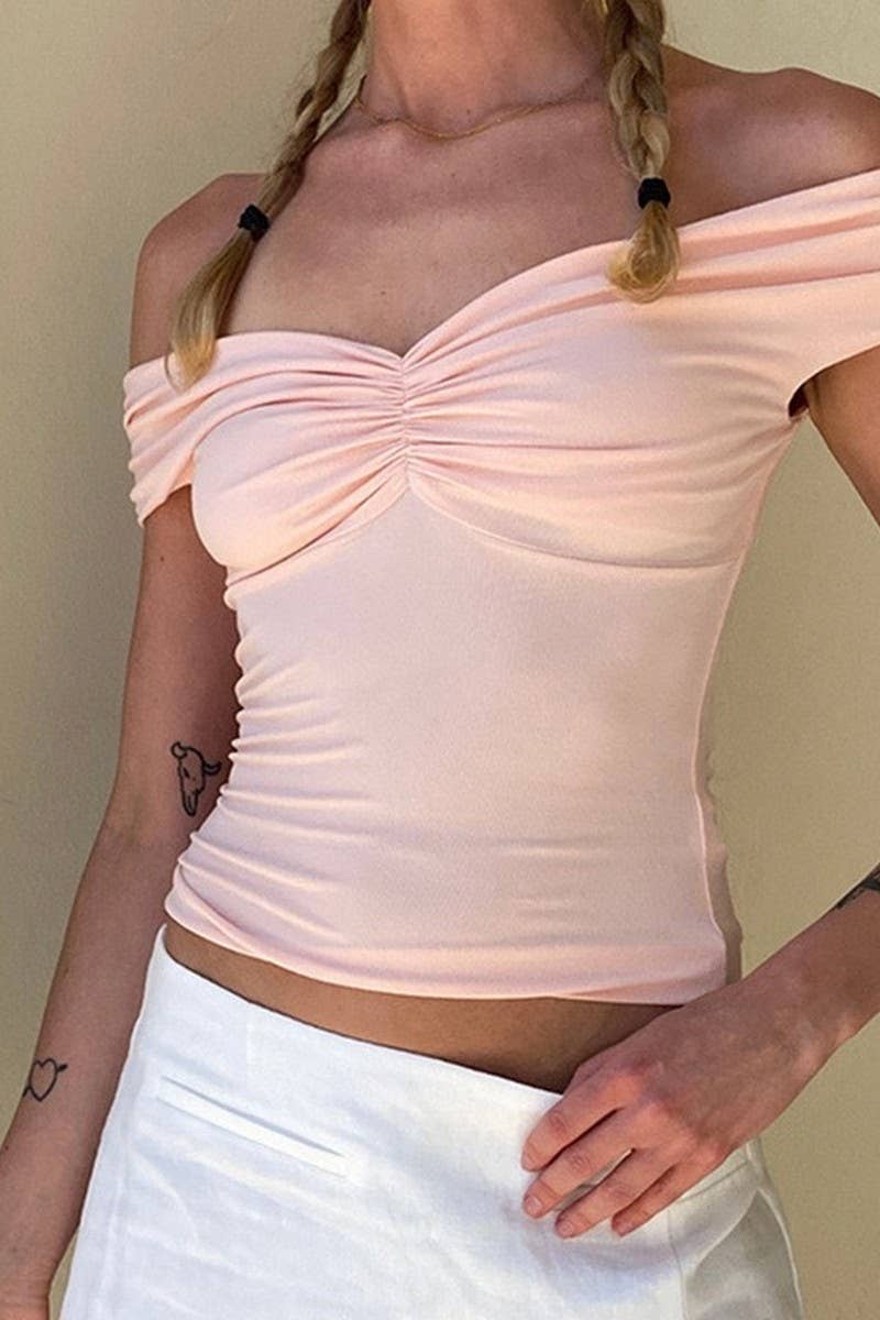 CWTBLSL0741_OFF SHOULDER RUCHED FRONT SEXY CROP TOP