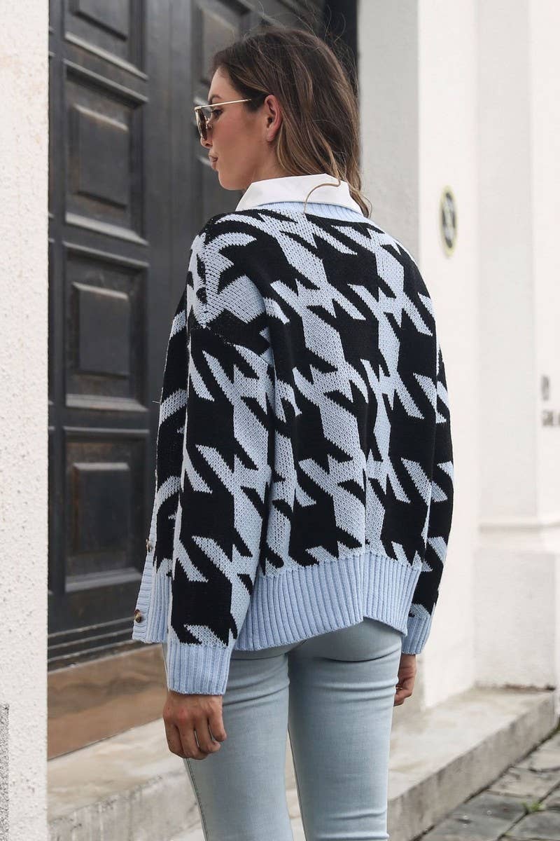 CWOCAL1192_HOUNDSTOOTH BUTTON LOOSE KNIT CARDIGAN