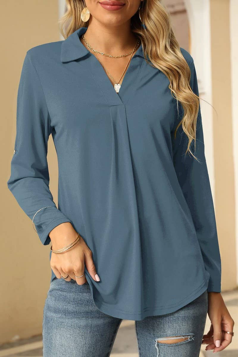 CWTBLL3627_AUTUMN ELASTIC V-NECK LONG-SLEEVED T-SHIRT TOP