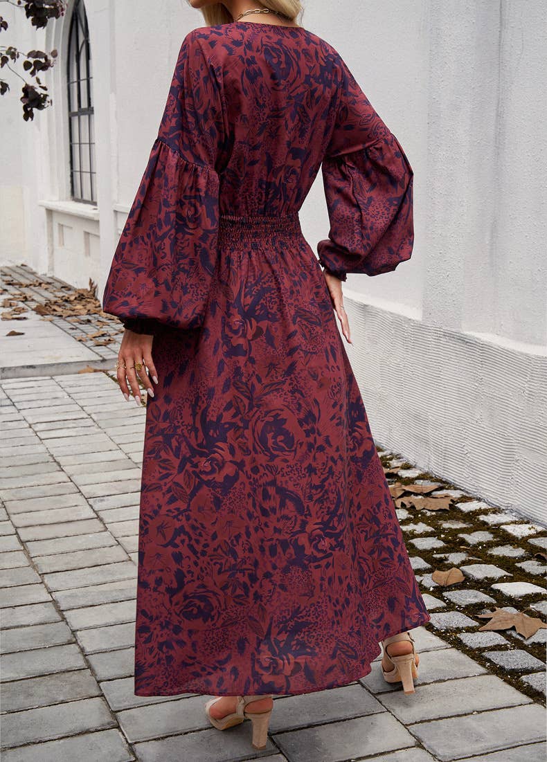 ELEGANT V-NECK HIGH-WAISTED PRINTED DRESS