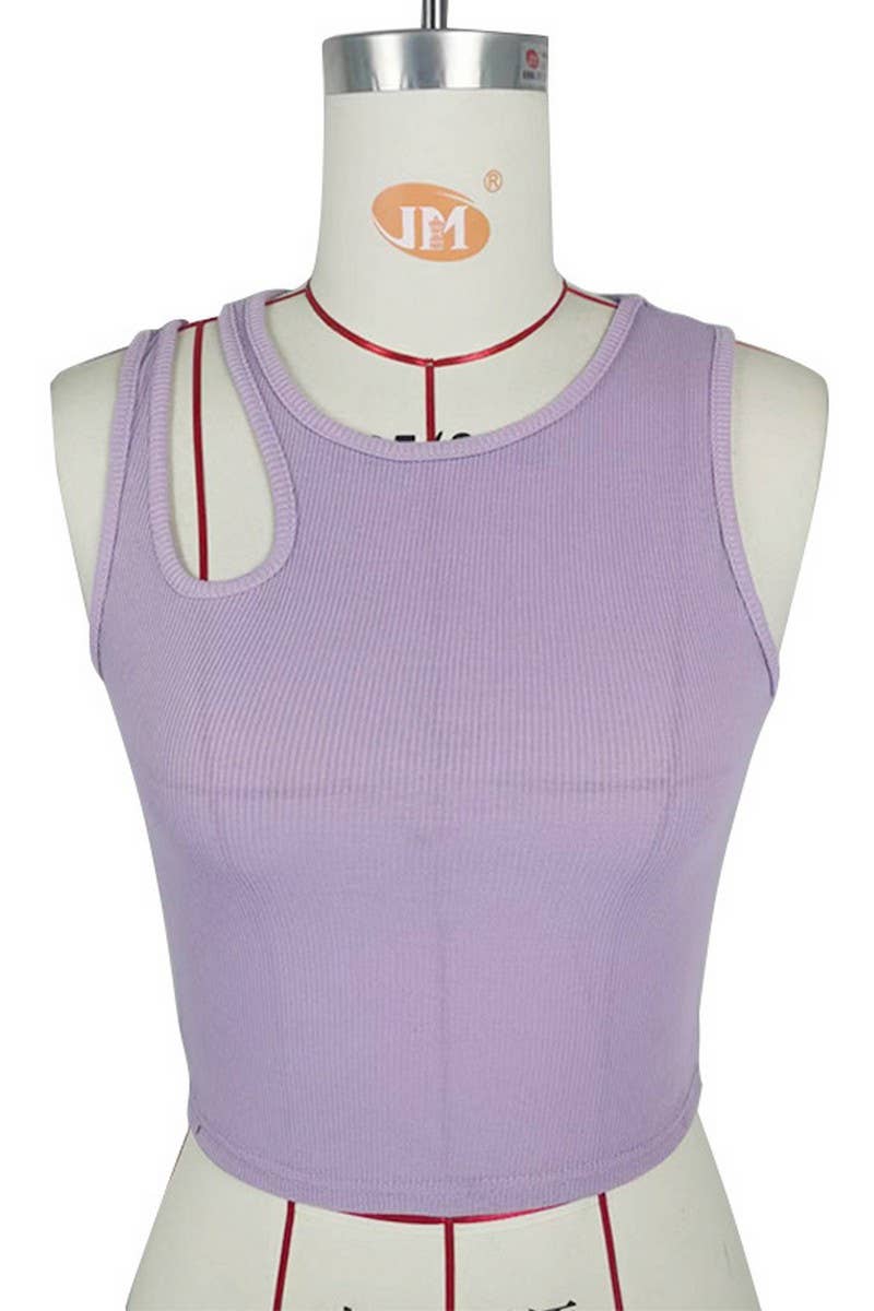 CWTTK0502_RIBBED BELLY-BARING CUT-OUT SLEEVELESS TANK TOP