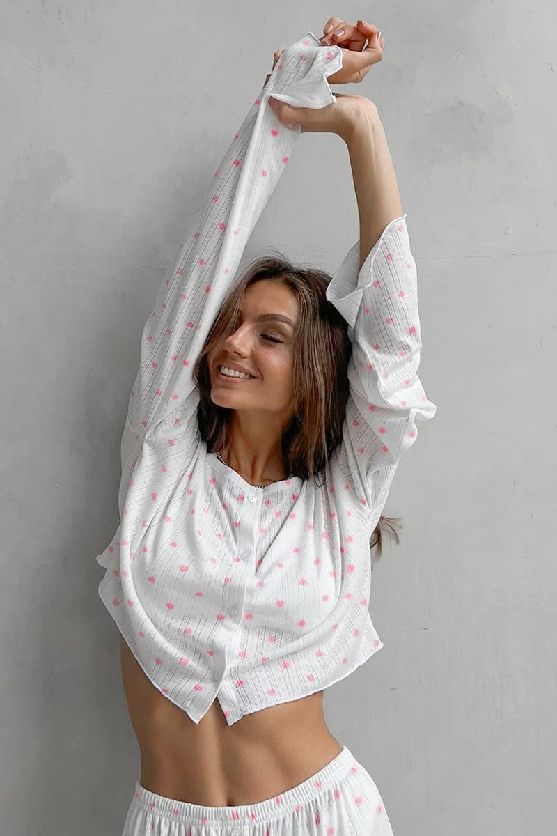 CWSPJ0220_KNITTED HEART PRINT PAJAMAS TWO-PIECE SET