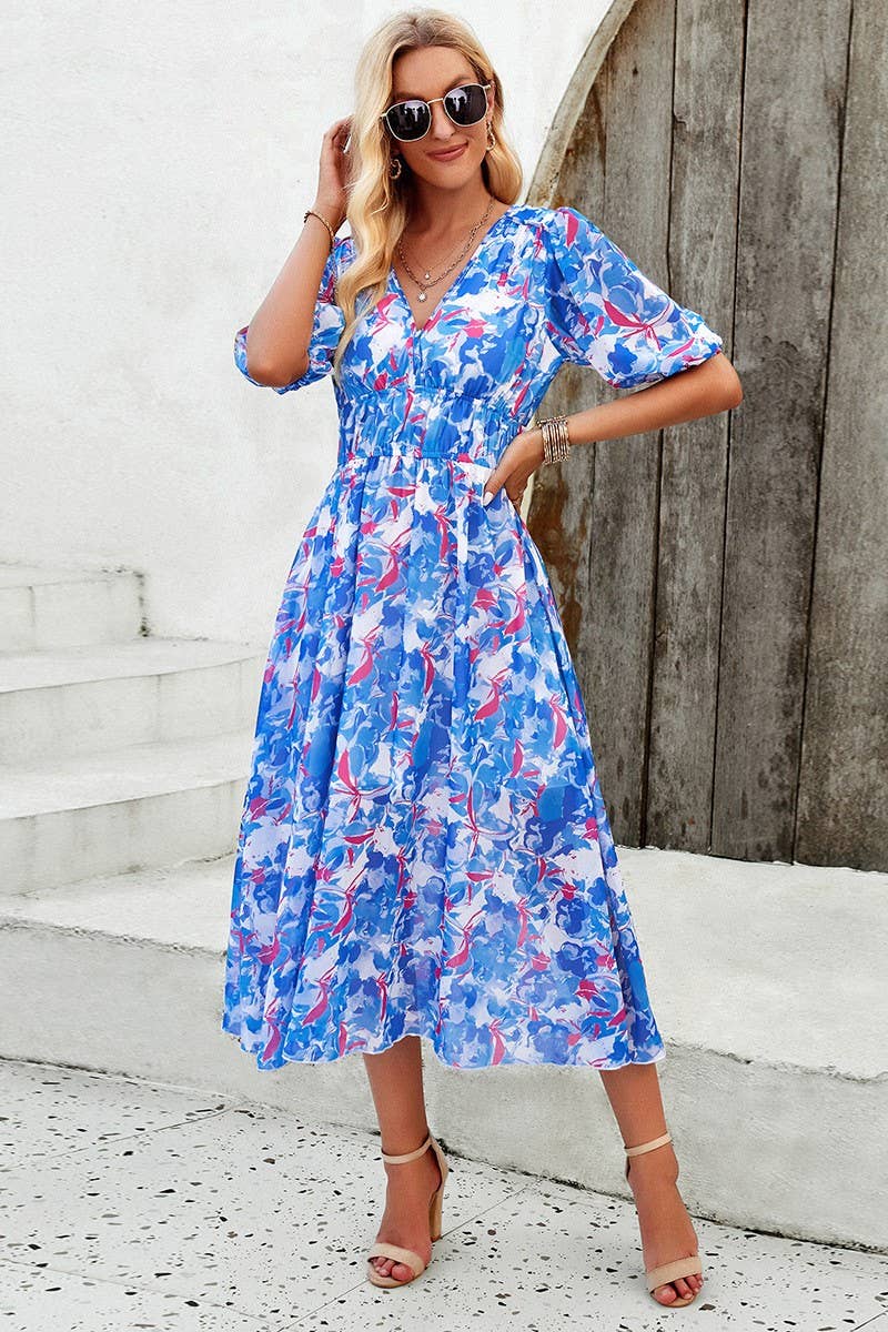 CWDMD0995_Deep V-Neck Short Sleeve Floral Print Midi Dresses
