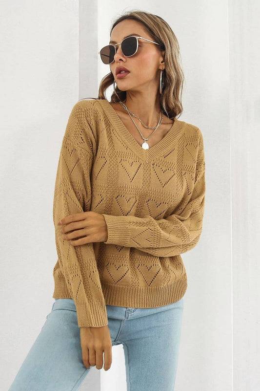 CWOSWL3968_V-NECK HOLLOW HEART PLAID KNITTED SWEATER