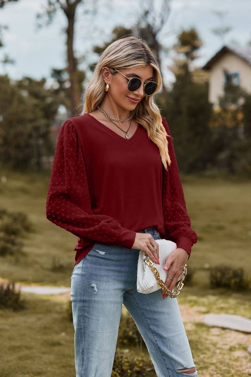 CWTBLL1047_LONG-SLEEVED V-NECK MESH PATCHWORK LOOSE TOP