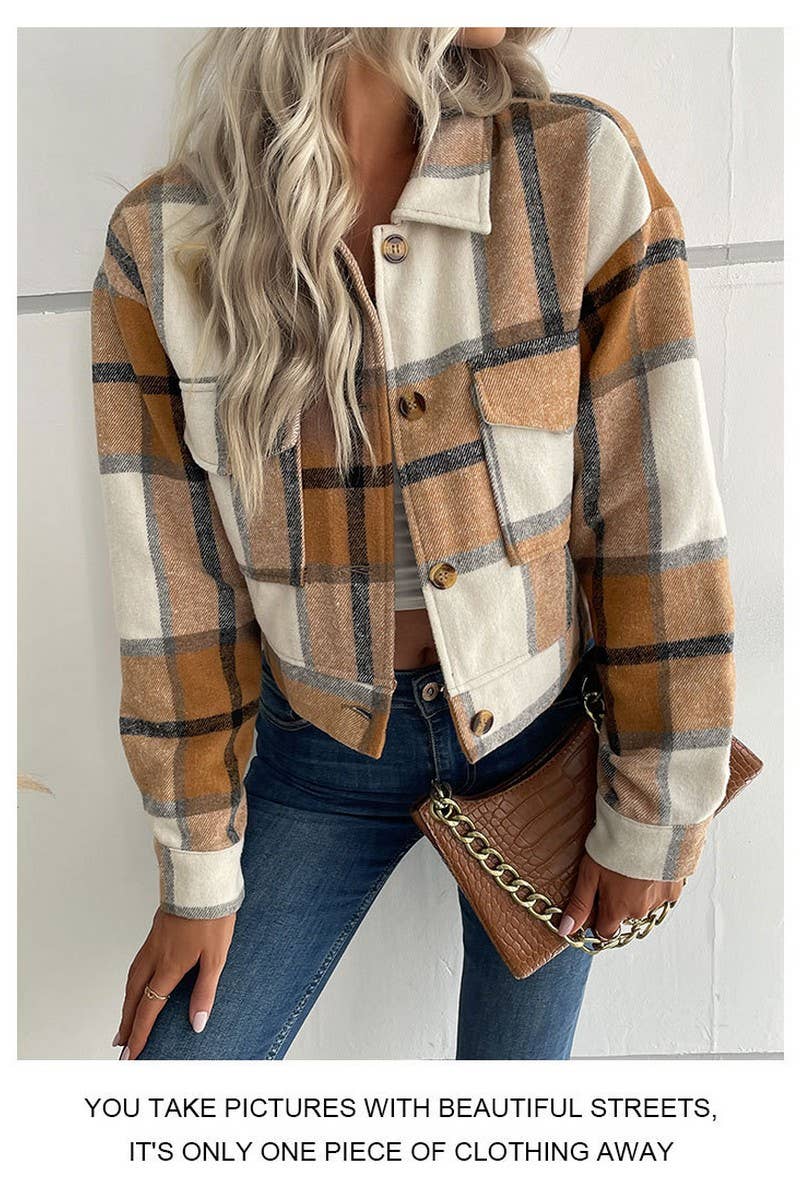 CWOJA0824_CROPPED PLAID CARDIGAN LAPEL JACKET