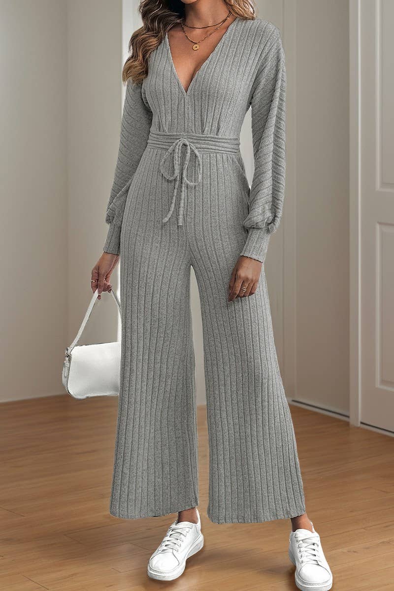 CWSJS1398_V-NECK SOLID COLOR HIGH WAIST WIDE LEG JUMPSUIT