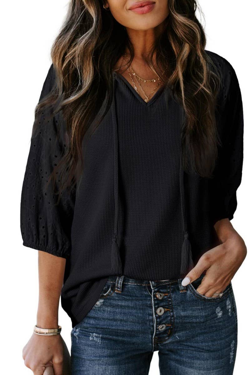 CWOHOS0021_SUMMER DRAWSTRING HOLLOW V-NECK SLEEVE T-SHIRT