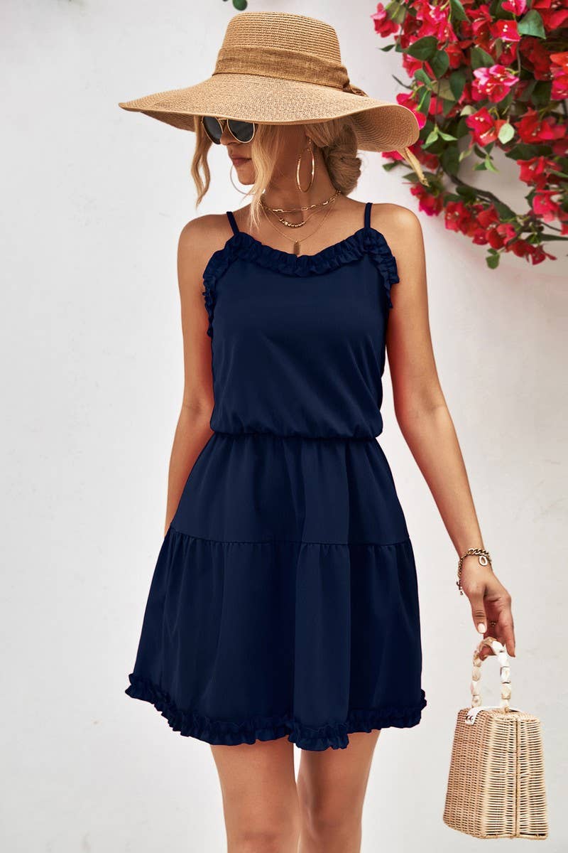 CWDSD4953_SOLID COLOR SUSPENDER RUFFLE DRESS
