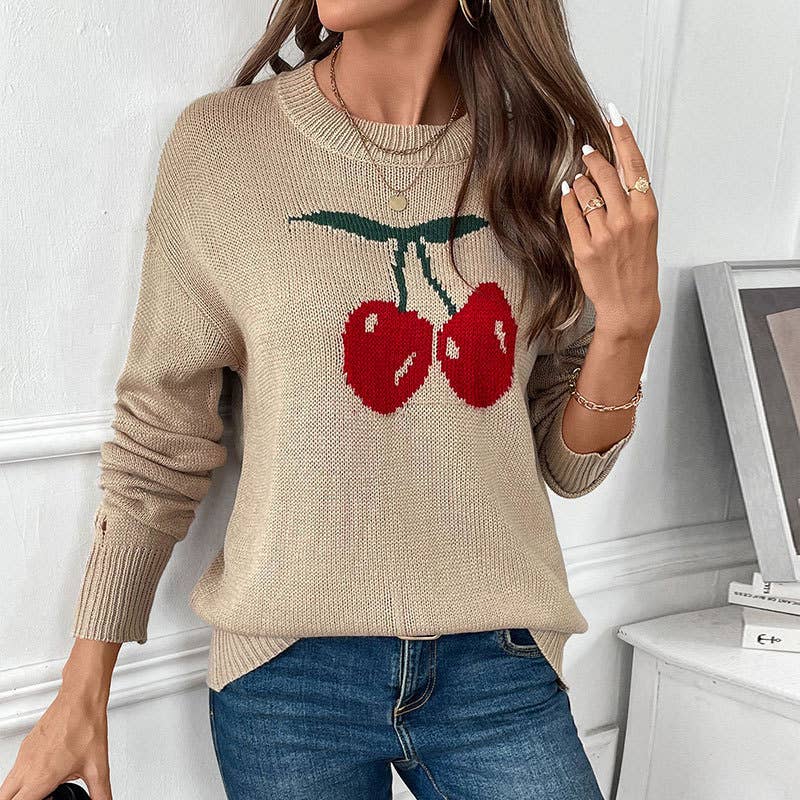 CREW-NECK CHERRY JACQUARD PULLOVER SWEATER