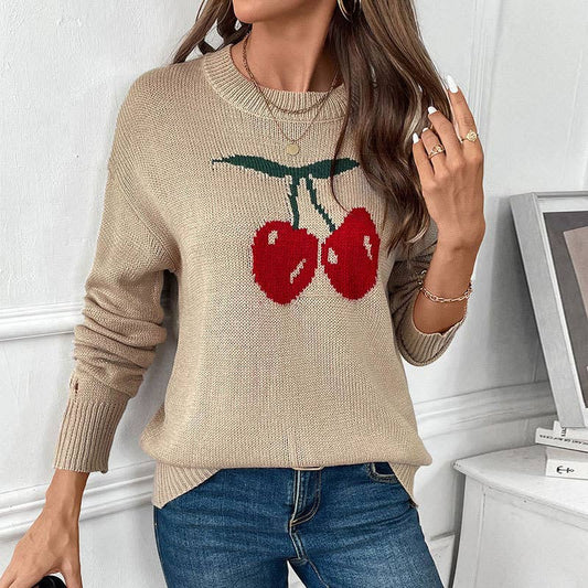 CREW-NECK CHERRY JACQUARD PULLOVER SWEATER