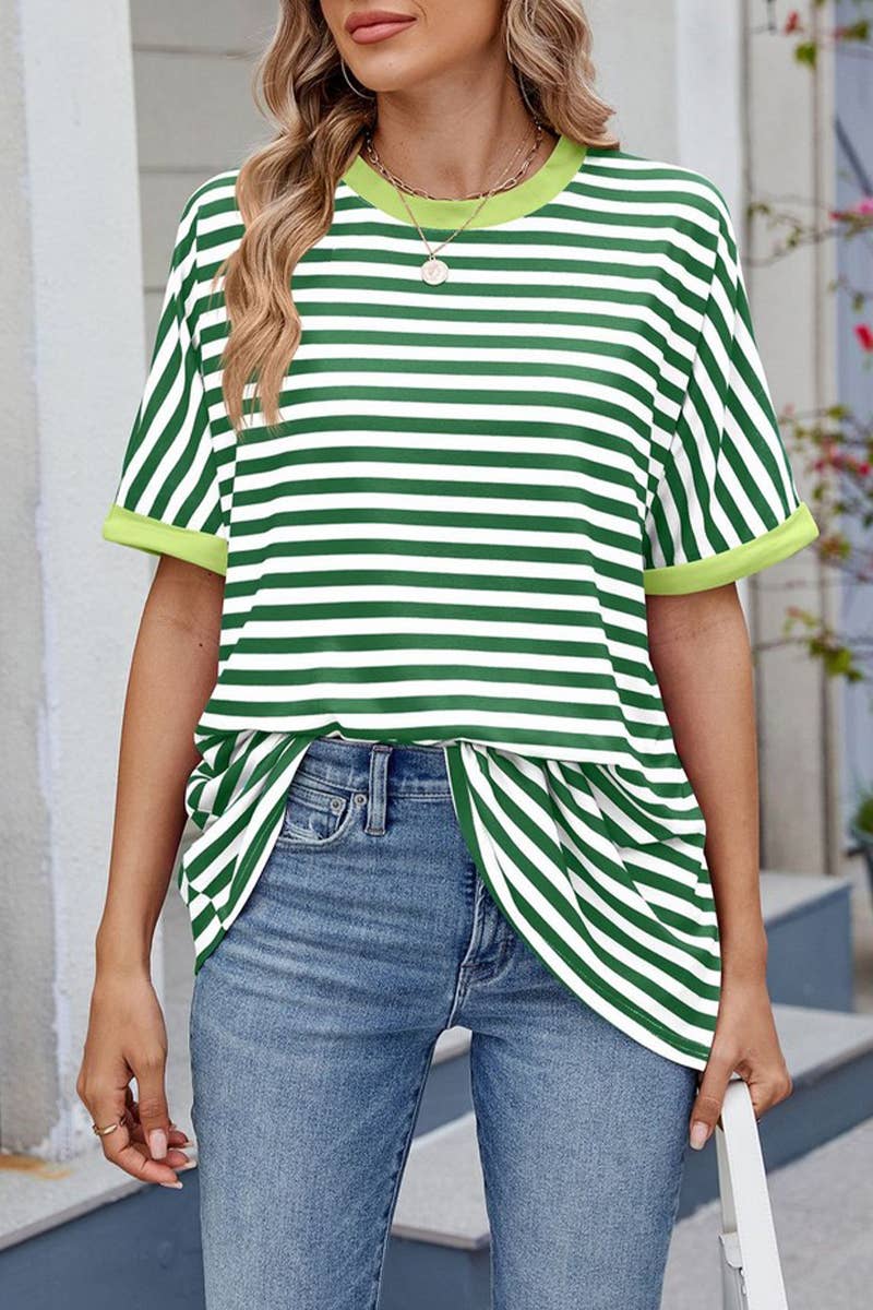 CWTTS1343_SUMMER STRIPED CONTRAST LOOSE SHORT SLEEVES