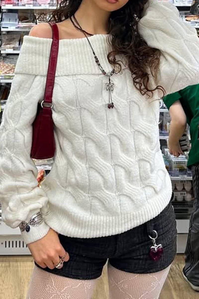 CWOSWL07510_OFF-THE-SHOULDER LONG-SLEEVED KNITTED SWEATER