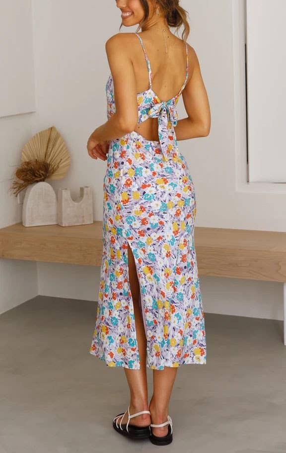 Deep V-neck backless lace printed slit dress